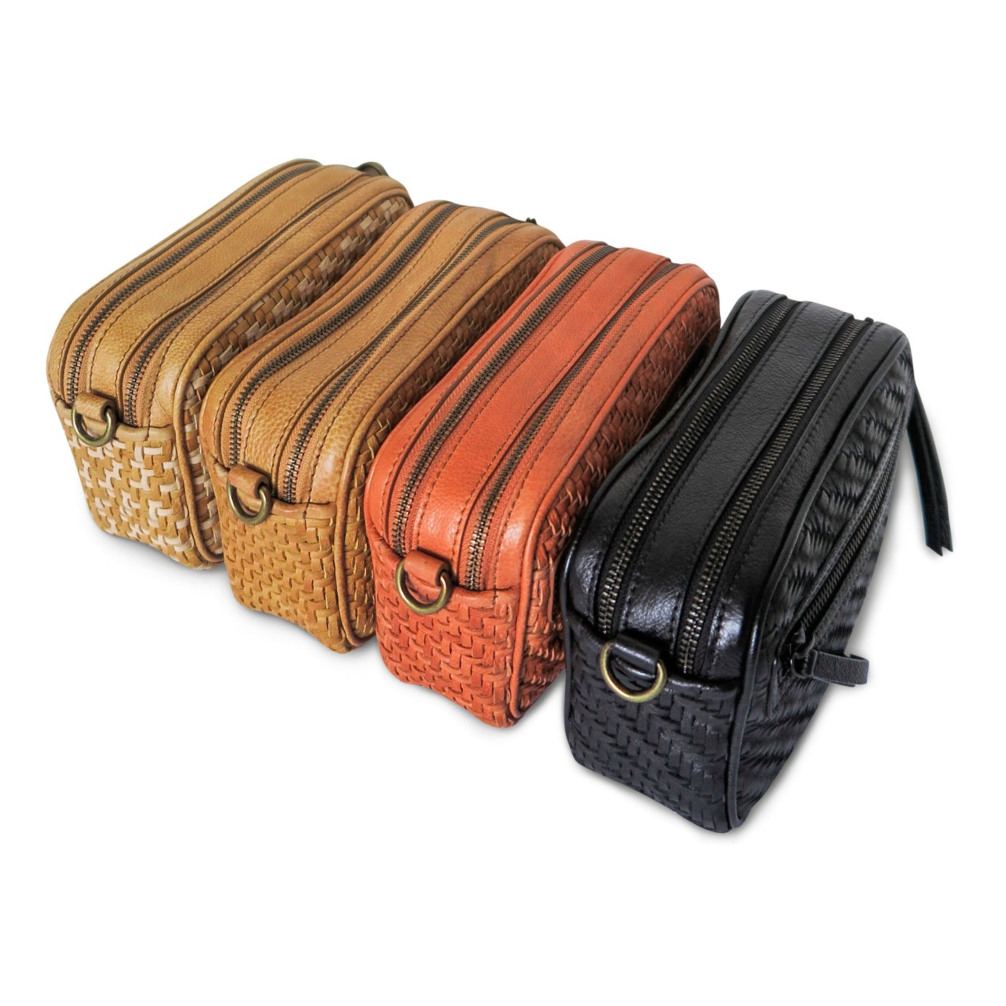 Bea Woven Leather Camera Crossbody Bag in Tan