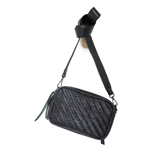 Bea Woven Leather Camera Crossbody Bag in Black