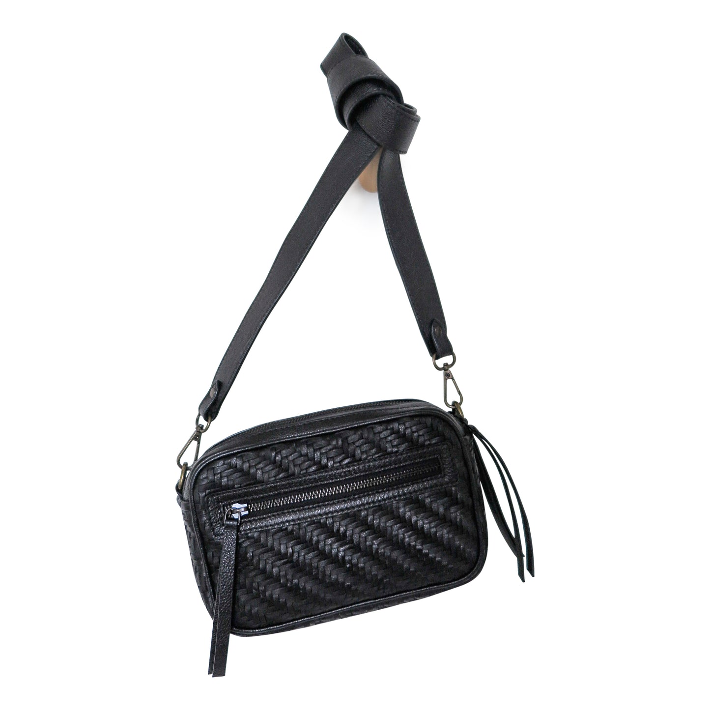 Bea Woven Leather Camera Crossbody Bag in Black