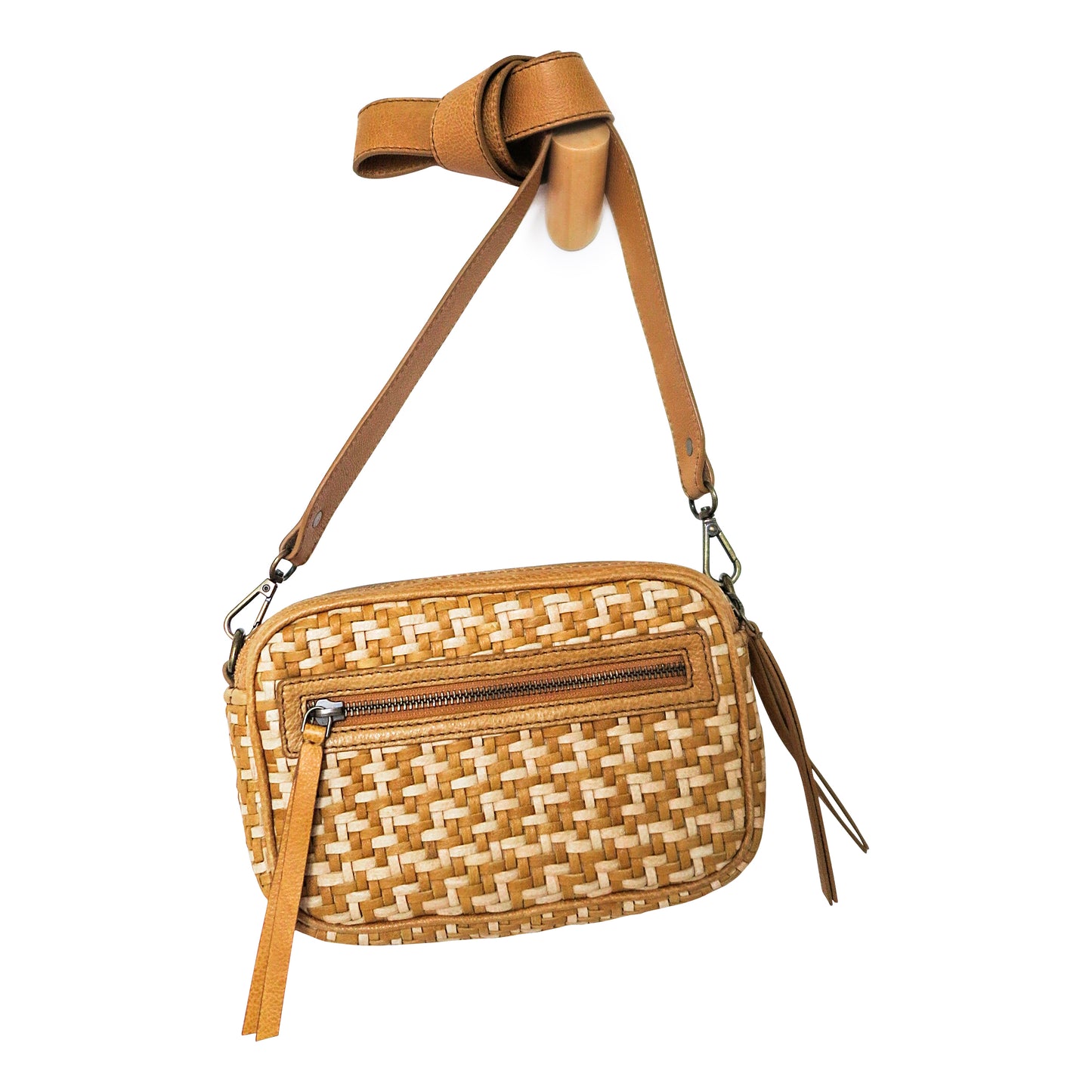 Bea Woven Leather Camera Crossbody Bag in Yellow/Beige
