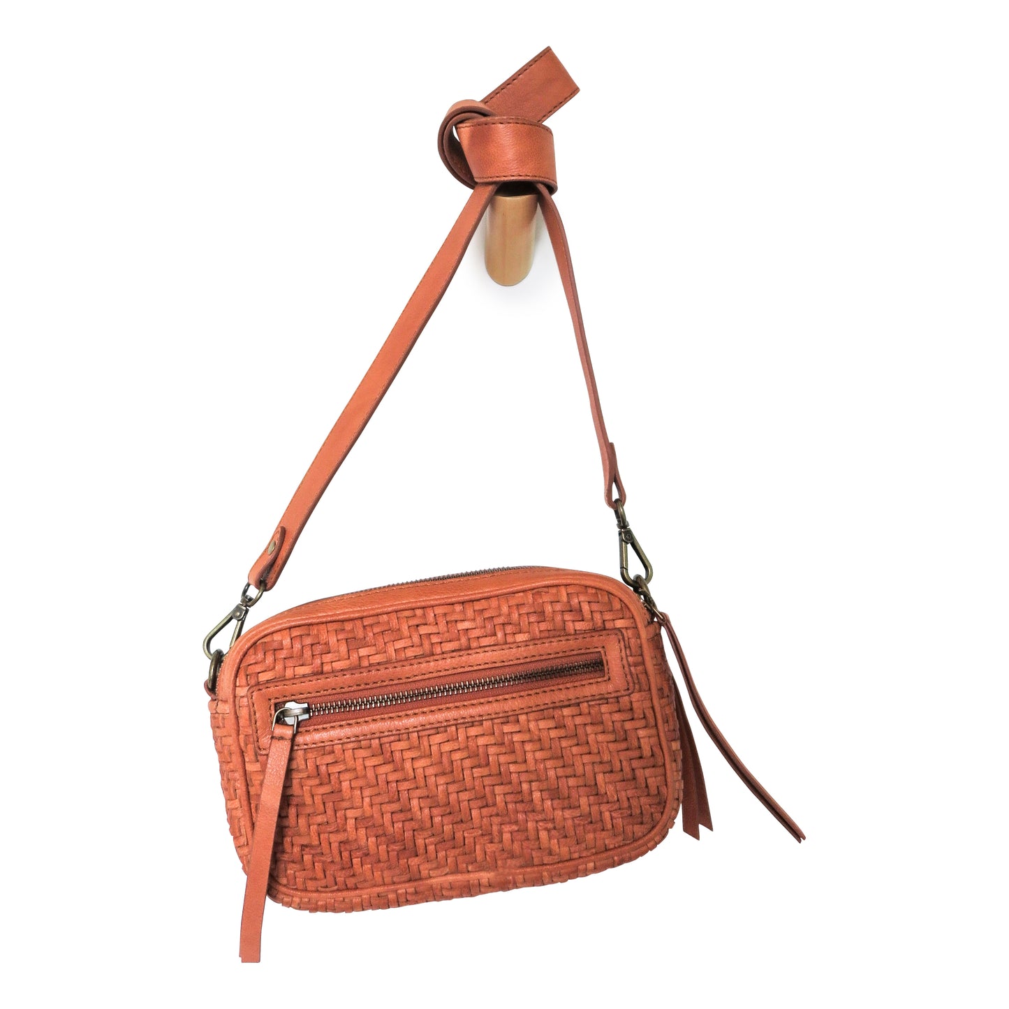 Bea Woven Leather Camera Crossbody Bag in Tan
